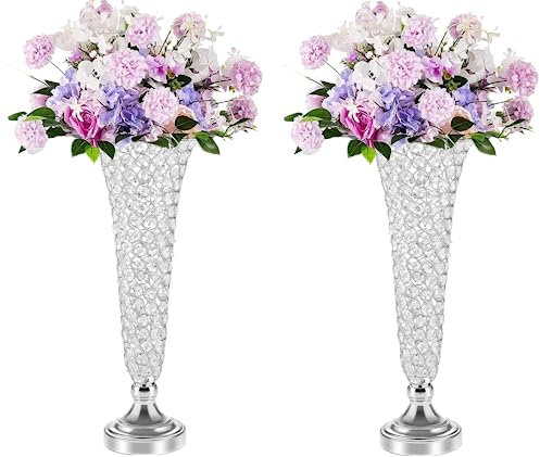 LANLONG Silberne Vasen für Tafelaufsätze – Kristalltrompetenvase, 2 Stück Kristallvasen für Tischaufsätze, 50,8 cm Blumenständer für Hochzeit, Party, Jahrestag, Geburtstag, Heimdekoration
