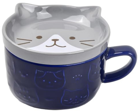 Daelesr Taza de té de Cerámica de Dibujos Animados, Juego de Taza de Café con Tapa Calentable, Taza de Café con Leche Animal 300ml para Bebidas Frías y Calientes Festivales Regalos (gato gris)