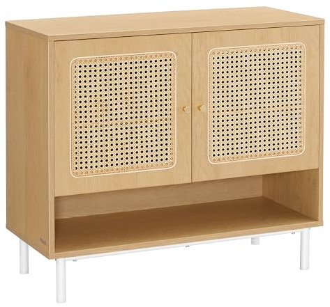 VASAGLE Mueble Zapatero, Armario Zapatero de 3 Niveles, Zapatero con Puertas de Ratán, Estante Ajustable en Altura, Armario Independiente, Patas de Acero, Estilo Boho, Beige Roble LBC049N01