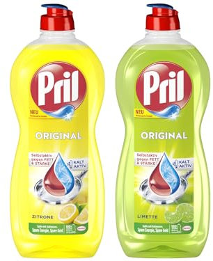 PRIL Original-Set 1x Limette & 1x Zitrone, Handgeschirrspülmittel-Set mit höchster Fettlösekraft, für sauberes Geschirr auch in kaltem Wasser, 2x 675ml