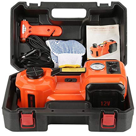 VOBOR Cric Elettrico 5T, 12V Sollevatore Auto Martinetto Idraulico con Pompa di Gonfiaggio e Fari A LED, 135-360 mm Car Electric Jack per Auto e SUV ﻿