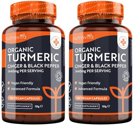 Curcuma Bio con Piperina e Zenzero 1440 mg - 2 Confezioni da 180 (fornitura per 6 Mesi) - Curcuma in Polvere ad Alto Dosaggio con Curcumina Attiva - Integratore di Turmeric - Nutravita