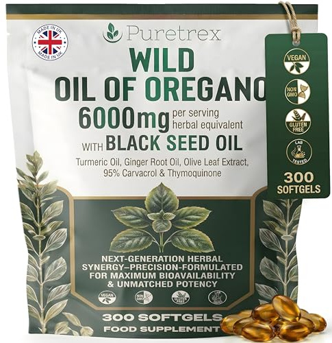 PURETREX Wild Oregano Oil 300 Softgels – Made in UK 6000mg with 95% Carvacrol, Black Seed Oil, Turmeric & Ginger, High Potency Herbal Formula for Immune, Gut & Respiratory Support