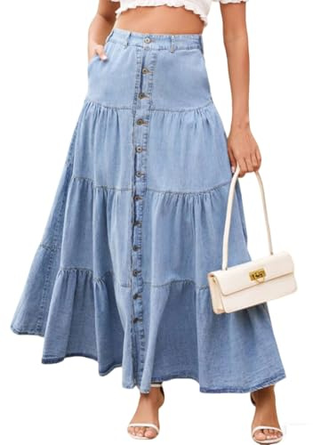 loveimgs Jupe longue en jean taille haute élastique pour femme avec boutons et volants, poche patchwork Y2k
