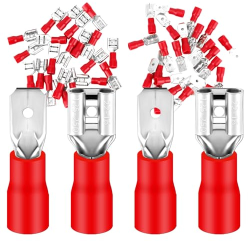 50 x platta hylsor och platta kontakter 0,5–1,5 mm² röd/uttagsbredd 6,35 mm delvis isolerad PVC manliga kontakter FDD & MDD kabelkontakter av mässing