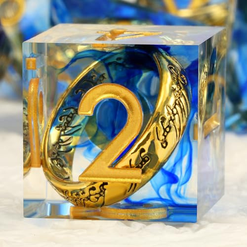 DNDND Sharp Edge D&D Dice Set - 7-Piece Swirl Resin with Golden Ring Inside with Gift Case for DMS & Players - Blue