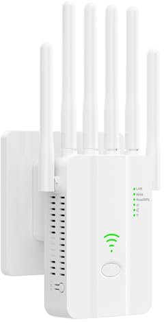 Repetidor WiFi Potente, Amplificador Señal WiFi, WiFi Extender con 6 Antenas, 2 Puertos LAN, Modos (Repetidor, Router, Ap), Cobertura hasta 3000 pies², para Casa y Oficina, Instalación Fácil