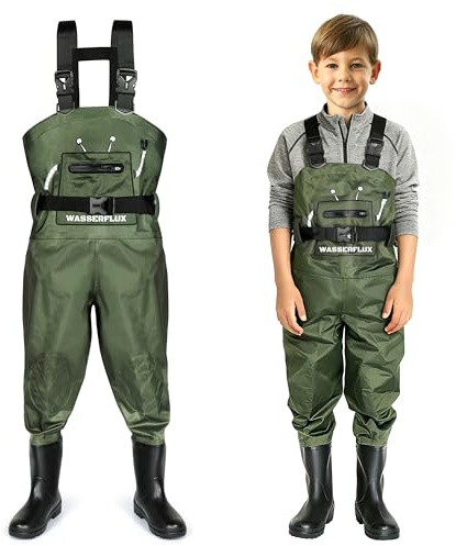 wasserflux Kids Chest Waders with Boots – Waterproof PVC Youth Waders with Reflective Strips & Reinforced Knees, Lightweight Fishing Waders, Green 4/5T