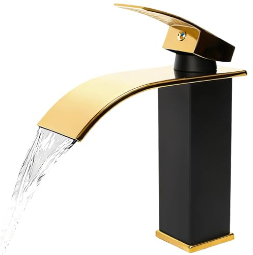 FALSKT Grifo Lavabo Cascada Grifo de Lavabo Baño Grifos para Lavabos de Baño Grifo Monomando Lavabo con Altura de Pico de 110 MM Grifo Cascada con manguera de Salida Caliente y Fría Negro y Dorado