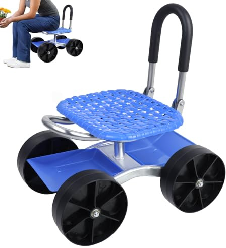 joukares Rolling Garden Seat, Utility Gardening Stool with Flat Wheels, Foldable Lazy Garden Seat Stool, Picking Rotary Tool Cart with Storage Shelf, Adjustable Height Gardening Cart (Blue)
