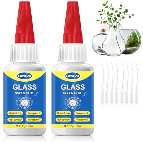 Pegamento para Vidrio 35g x 2, LAWEZX Pegamento Líquido para Cristal y Espejos - Transparente, Impermeable, Resistente al Calor, Adhesivo Instantáneo Fuerte para Acrílico, Vidrio, Joyería, Artesanía
