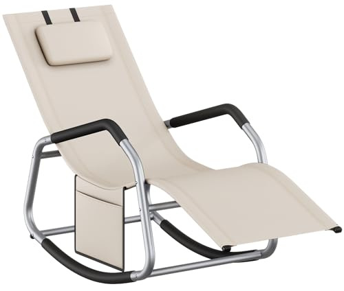 SONGMICS Sedia a Dondolo, Sedia a Sdraio Antiribaltamento, Cuscino Regolabile, Telaio in Acciaio, Tessuto Respirante, Tasca Portaoggetti, 151 x 56,2 x 97,3 cm, Beige GCB230WZ01