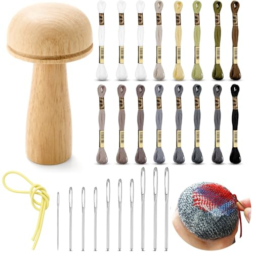 Jexine Darning Mushroom for Socks Wooden Darning Supplies Kit with Large Eye Needles Sewing Threads for Socks Clothes Adults Darner DIY Handicraft Home Sewing Care(Regular Color)