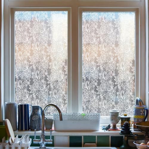 Alwayspon 43 x 100 cm icke-självhäftande ren vit blommig spets glas fönsterfilm, konststil avtagbar vinyl statisk fönsterfästning integritetsklistermärken, anti-UV värmekontroll glasfilm