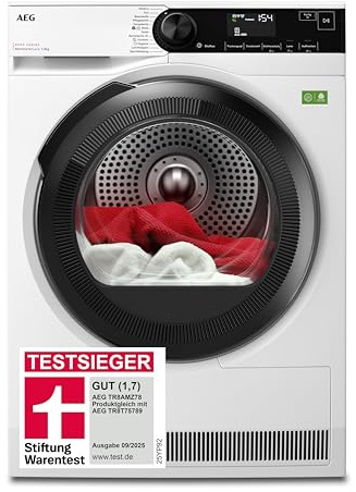 AEG Wärmepumpentrockner 8kg, Testsieger der Stiftung Warentest 2025, neue Energiekl. B, Serie 8000 AbsoluteCare Wolle- & Seidetrocknung, Reversierautomatik für Knitterschutz, Innenbeleuchtung TR8AMZ78