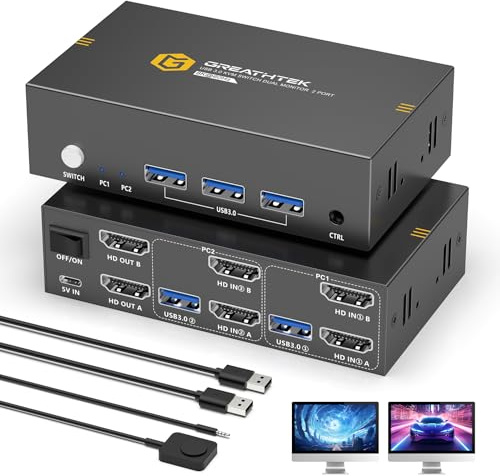 8K60Hz KVM Switch 2 PC 2 Monitore 4K240Hz KVM Umschalter mit 4 USB 3.0 Ports mit Gemeinsamem Tastatur, Maus, Drucker und U-Disk, KVM-Switches Support Extended & Copy Mode, with Desktop-Controller