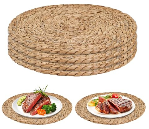 Hojalis Round Woven Placemats, Round Woven Placemats Set of 4, 30cm Handwoven Water Hyacinth Placemats, Wicker Placemat, Rattan Placemat, Braided Wicker Table Mats Dining Table, Home, Party, Wedding