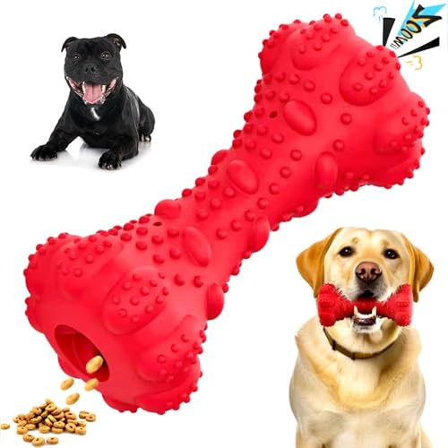 NANDSELL Juguetes para Perros Resistentes para Perro Masticadores- Mancuerna de Caucho Natural Chirriante y Dispensador de Comida, Juguete Interactivo, Mordedor Goma| Limpieza Dental Ansiedad (Rojo)