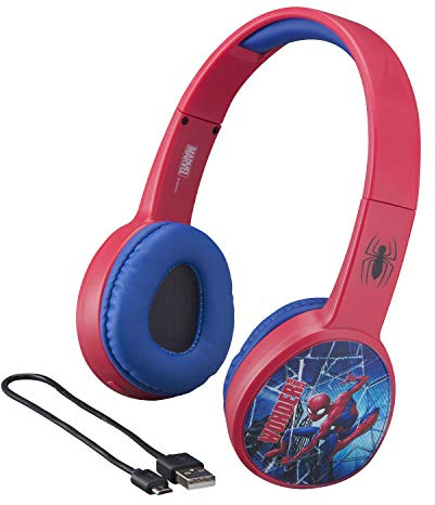 EKids Marvel Spiderman Wireless Bluetooth Headphones with Child Friendly Volume, Charging Cable Included, Red and Blue