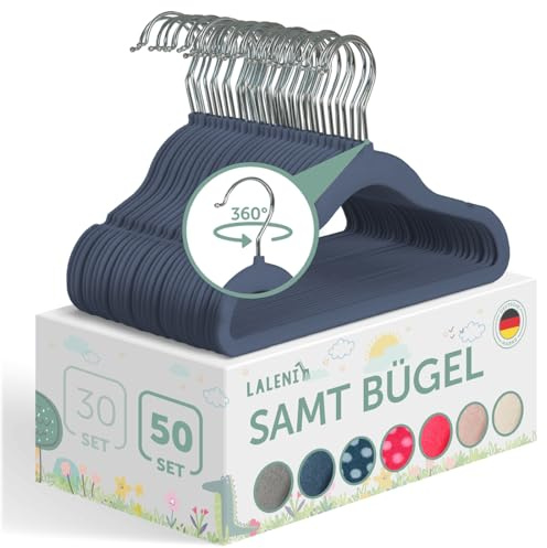 Laleni Kinderkleiderbügel 50 Stück - Platzsparende, 360° Drehbare Samtbügel - Rutschfeste Baby Kleiderbügel/Babybügel in Dunkelblau