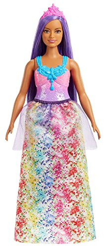 Barbie Real Muñeca Morena con Corona Morada y Falda Estampada de Flores con Tul, Juguete +3 años (Mattel HGR17)