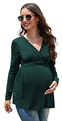 KOJOOIN Donna Allattamento Camicia Scollo a V Gravidanza Camicia maternità Manica Lunga Tops Allattamento con Cintura Verde Scuro (Manica Lunga) XL