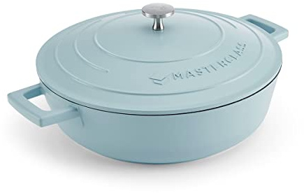 MasterClass Shallow Casserole Dish with Lid 4L/28 cm, Lightweight Cast Aluminium, Induction Hob and Oven Safe, Sky Blue