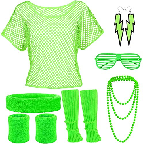 YADODO 90er 80er Jahre Outfit Damen Mottoparty Netzoberteil mit Accessoires Neon Party Outfit Kostüm 80er Jahre Damen Aerobic Outfit 80er Jahre kleidung Typisch Off Shoulder Netzshirt Frauen Grün