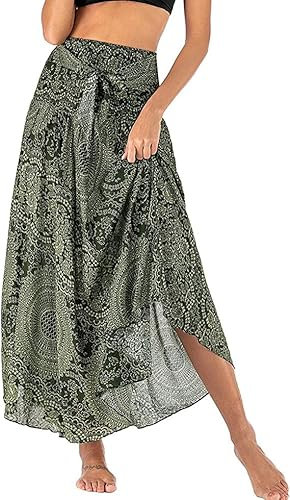 Adigaber Lang Gedruckter Rock Damen Chiffon Bohemien Einheitsgröße Maxirock Verstellbares Riemen Kleid Urlaub Sommerrock Strandkleider