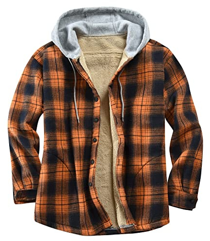 Duohropke Camisa térmica para hombre, a cuadros, chaqueta de entretiempo, chaqueta de invierno, camisa de leñador, chaqueta de exterior, camisa de franela de algodón, camisa de trabajo, naranja, L
