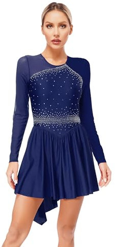 Jowowha Eiskunstlauf Kleid Damen Glitzer Ballettkleid Rollschuhkleid Langarm Ballerina Kleid Latein Tanzkleid Wettbewerb Tanzkostüm Marine Blau S