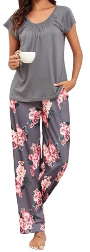 Famulily Pyjamas for Women Loose Round Neck Raglan Flowy Top and Wide Leg Pants Lounge Sets Dark Grey M