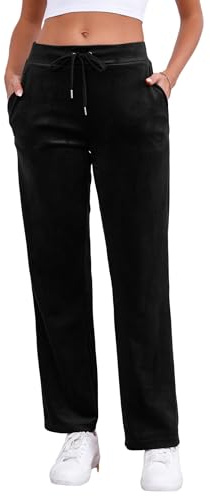 Pescool Velour Pants for Women, Straight Leg Womens Velour Sweatpants, Velvet Wide Leg Lounge Pants for Women with Pockets (Black, L)