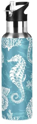 HMZXZ Water Bottle with Straw Leakproof Hot Water Bottle Ocean Seahorse Coral Vacuum Insulated Bottle for Girls Boys Sports 600ml