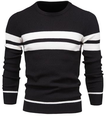 LUVCES Jersey Hombre Invierno Suéter Casual con Bloques de Color Cuello Redondo Manga Larga Jersey de Uso Diario a Rayas Tops Negro M
