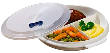 3 Pagen® Mikrowellen-Teller mit 3 Fach Aufteilung & Deckel - Mikrowellengeschirr - schonende Erwärmung von Speisen - Menüteller mit Abdeckhaube - Kunststoff - spülmaschinenfest – Größe Ø 21cm