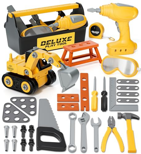 Lehoo Castle Werkzeugkoffer Werkzeug Kinder Spielzeug ab 3 Jahre, Junge Geschenke mit Elektrische Bohrmaschine ＆ Mini-Werkbank ＆ Bagger Auto Kinderspielzeug, Rollenspiel Montessori Spielzeug 4 5 Jahre