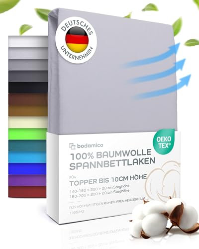 Bodamico Topper Spannbettlaken 180x200 cm - 100% Baumwolle Jersey für Boxspringbett Topper bis 10cm Höhe - Topper Bezug 180x200-135 g/m2 Oeko-Tex geprüft - Topper Schoner in Silber