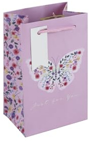 Eurowrap White Kraft Paper Pink Just For You Butterfly Gift Bag With Gift Tag - Gift Bag for Her Birthdays, Mother's Day, Valentines - Eco Friendly Bag 100% Recyclable - Birthday Gift Wrap Small Size