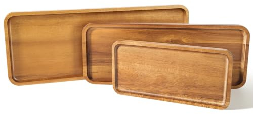 LiWiBet Holztablett Deko, 3X Tablett Serviertablett aus Akazienholz, Dekotablett Holz Rechteckig, Servierplatte Holz für Dessert, Kosmetik, Schmuck, Kerzen, Kaffee