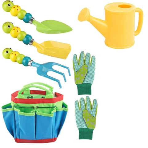 Set di Attrezzi da Giardino, 6 Pezzi Kit Giardinaggio per Bambini con Borsa degli Attrezzi, Guanti, Pala da Giardinaggio, Annaffiatoio, Attrezzi da Spiaggia per Bambini (Verde)