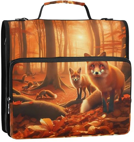 1 1/2 Inch Binders 3 Ring Autumn Forest Foxes Zippered Binder Organizer School Binders Bag with Shoulder Strap Big Portfolio Hold 500 Sheets Holder