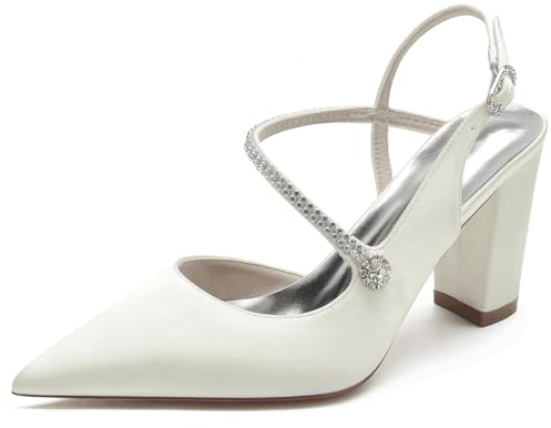 Avorio,38,Scarpe da Donna con Tacco a Blocco Alto, Cinturino Posteriore e Cinturino Sandali da Sposa in Raso con Punta a Punta e Cristalli per Abiti da Ballo Serate Eleganti