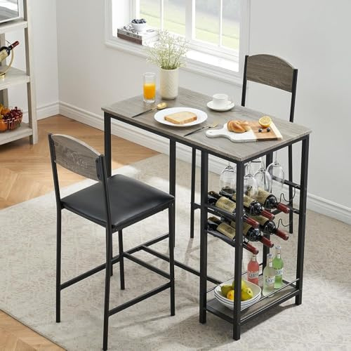 Garvee Ensemble Table à Manger avec 2 Chaises pour 2 Personnes, Table de Bar avec Casier à Vin, Porte-Verres, Étagère De Rangement pour Cuisine, Salon (Gris)