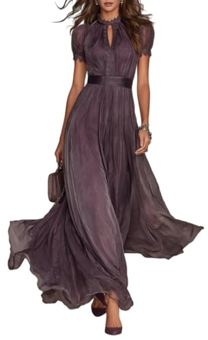 Maxivestido Largo para Mujer en Morado Oscuro con Ribete de Encaje — Vestido de Verano Casual de Manga Corta, Fluido, Estilo Boho, Ideal para la Playa y Fiestas Elegantes.
