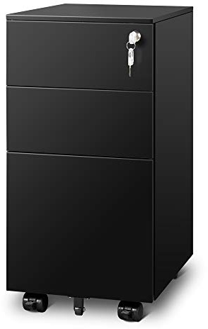 DEVAISE 3 Drawer File Cabinet with Lock, Under Desk Metal Filing Cabinets with Wheels for Home Office Fit Legal/Letter/A4 File, Assembled Except Casters,Black