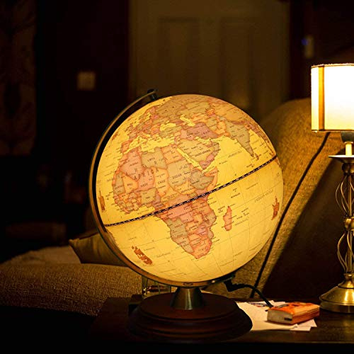 TTKTK Illuminated World Globe for Adults & Kids with Wooden Stand,Built in LED Lamp for Illuminated Night View Antique Globe for Home Décor and Office Desktop