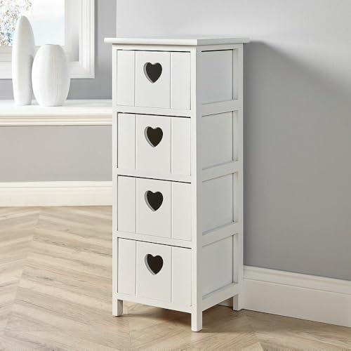 Home Source Chest of Drawers, Wooden Storage Unit Bedroom Organiser Bedside, Love Heart Design, 4 Drawer, White
