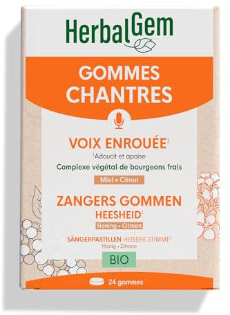 HERBALGEM - Gommes Chantres - Éclat Voix - Pour Les Cordes Vocales - Enrichi Aux Bourgeons - Recette Traditionnelle - Certifié Bio - 24 gommes