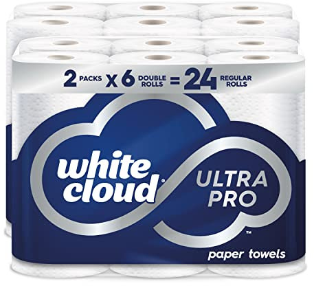 White Cloud Asciugamano di carta ultra assorbente Ultra Pro, fogli a scelta, 2 confezioni da 6 rotoli matrimoniali = 24 rotoli regolari